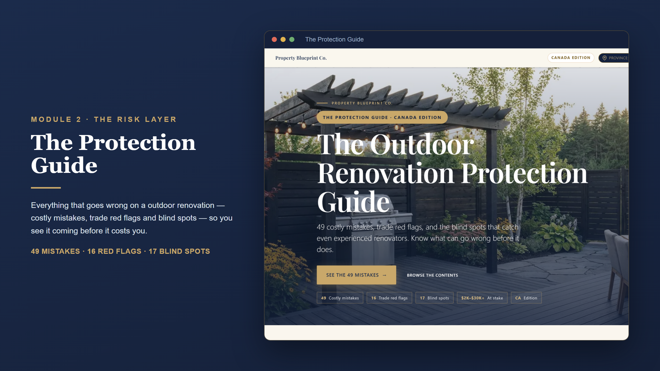 Canadian outdoor renovation planning — The Protection Guide (Module 2): 49 costly mistakes, 16 trade red flags and blind spots