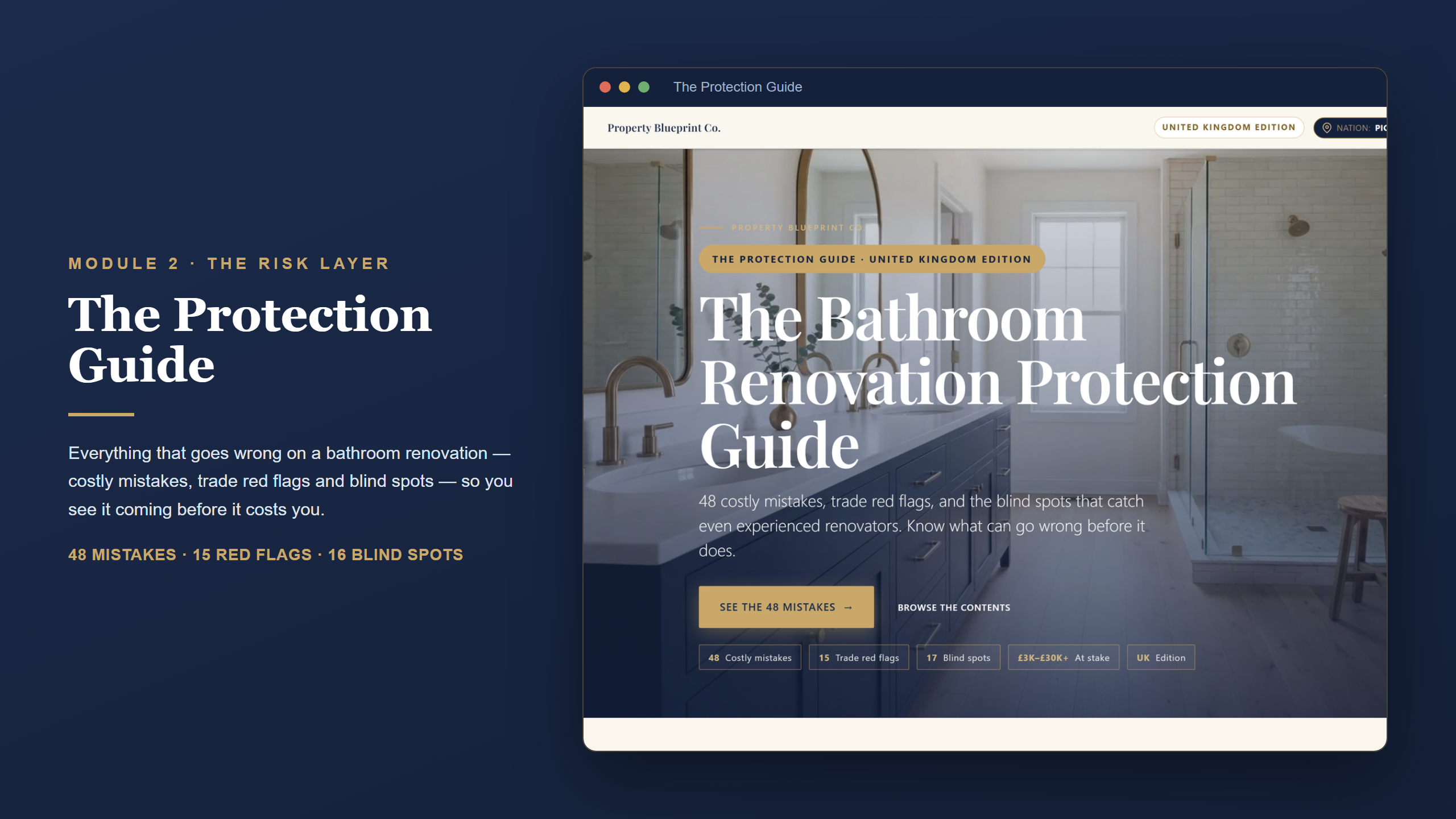 UK bathroom renovation planning — The Protection Guide (Module 2): 48 costly mistakes, 15 trade red flags and blind spots