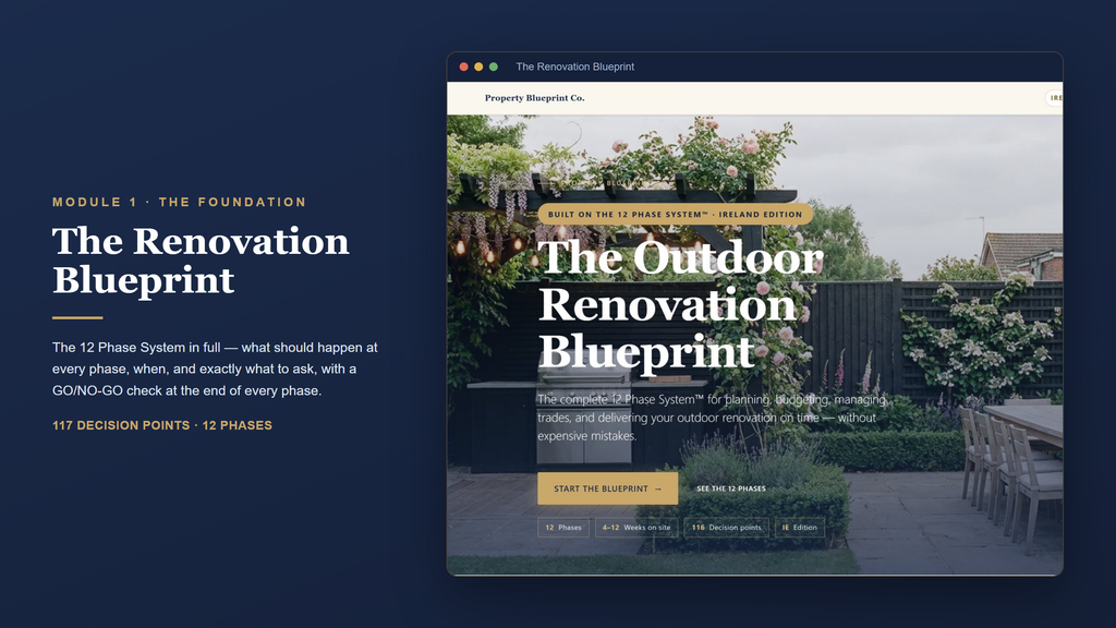 Irish outdoor renovation planning — The Renovation Blueprint (Module 1): the 12 Phase System with 117 decision points