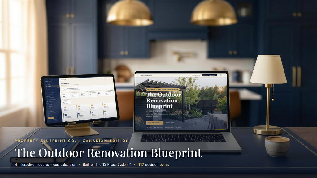 The Outdoor Renovation Blueprint — complete outdoor renovation planning system for Canadian homeowners, shown on laptop, tablet and phone