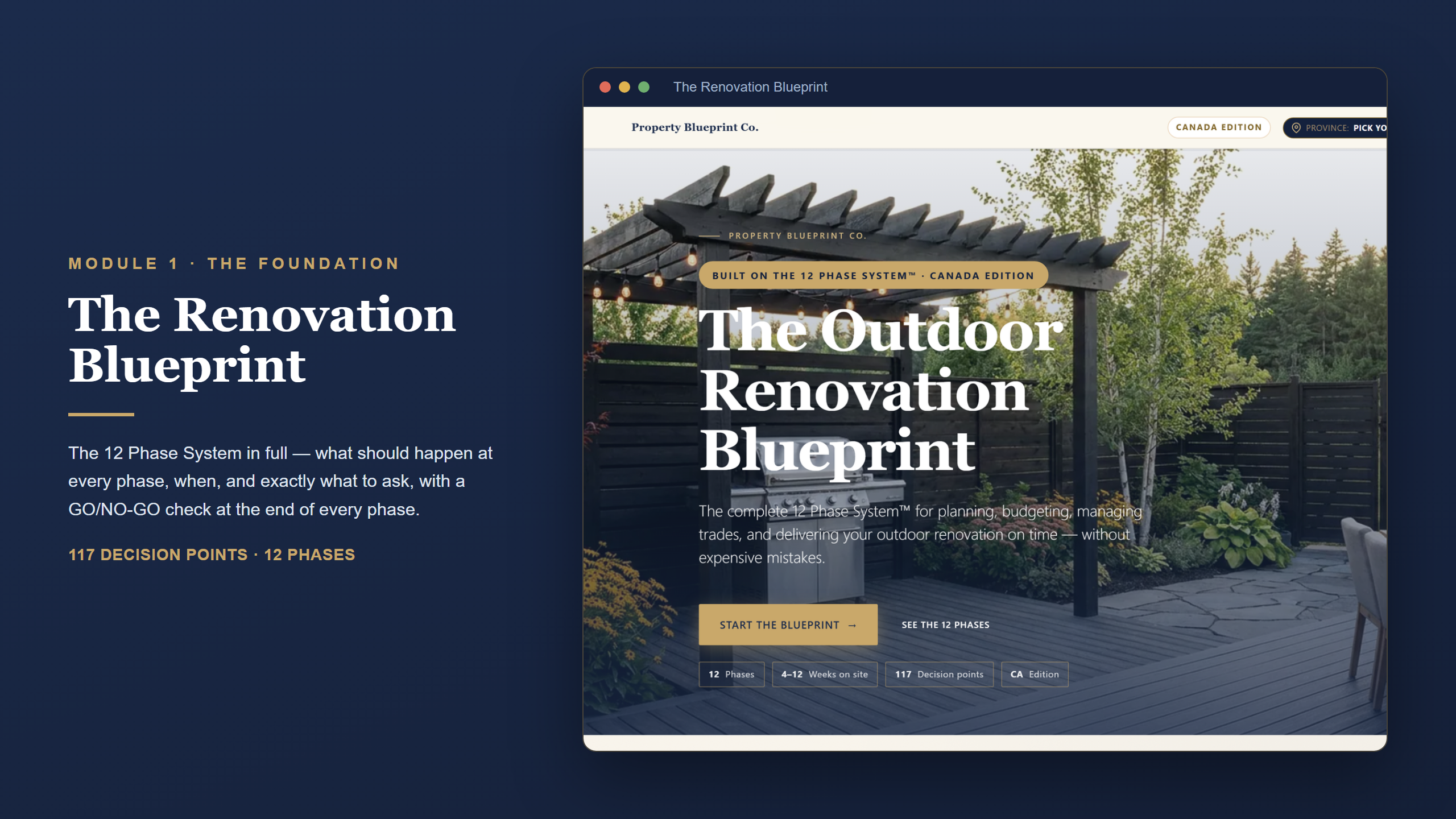 Canadian outdoor renovation planning — The Renovation Blueprint (Module 1): the 12 Phase System with 117 decision points