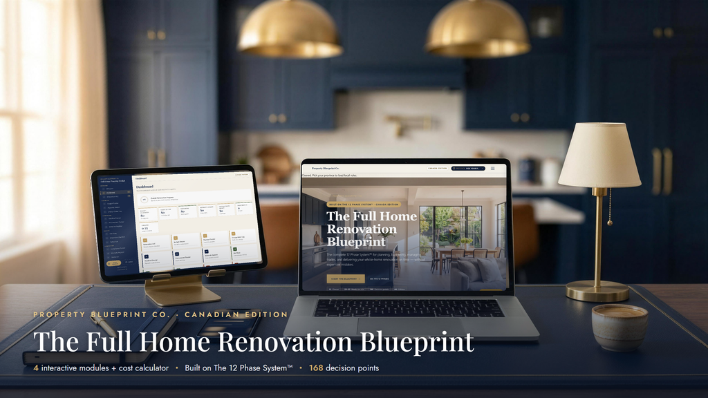 The Full Home Renovation Blueprint — complete digital whole-home renovation planning system shown on tablet and laptop, Canadian Edition