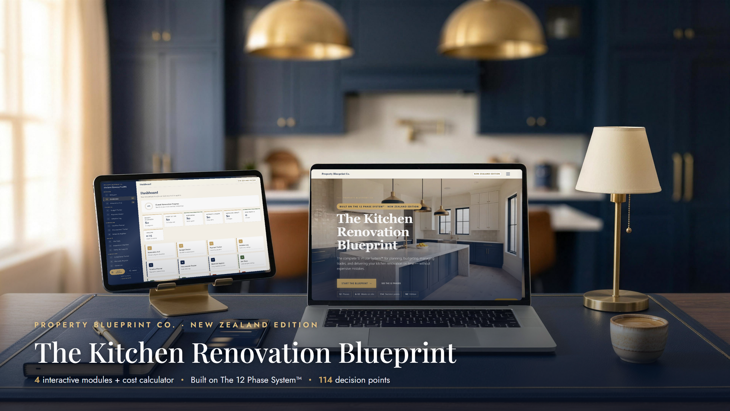 The Kitchen Renovation Blueprint — complete kitchen renovation planning system for New Zealand homeowners, shown on laptop, tablet and phone