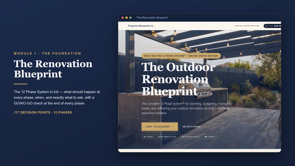US outdoor renovation planning — The Renovation Blueprint (Module 1): the 12 Phase System with 117 decision points