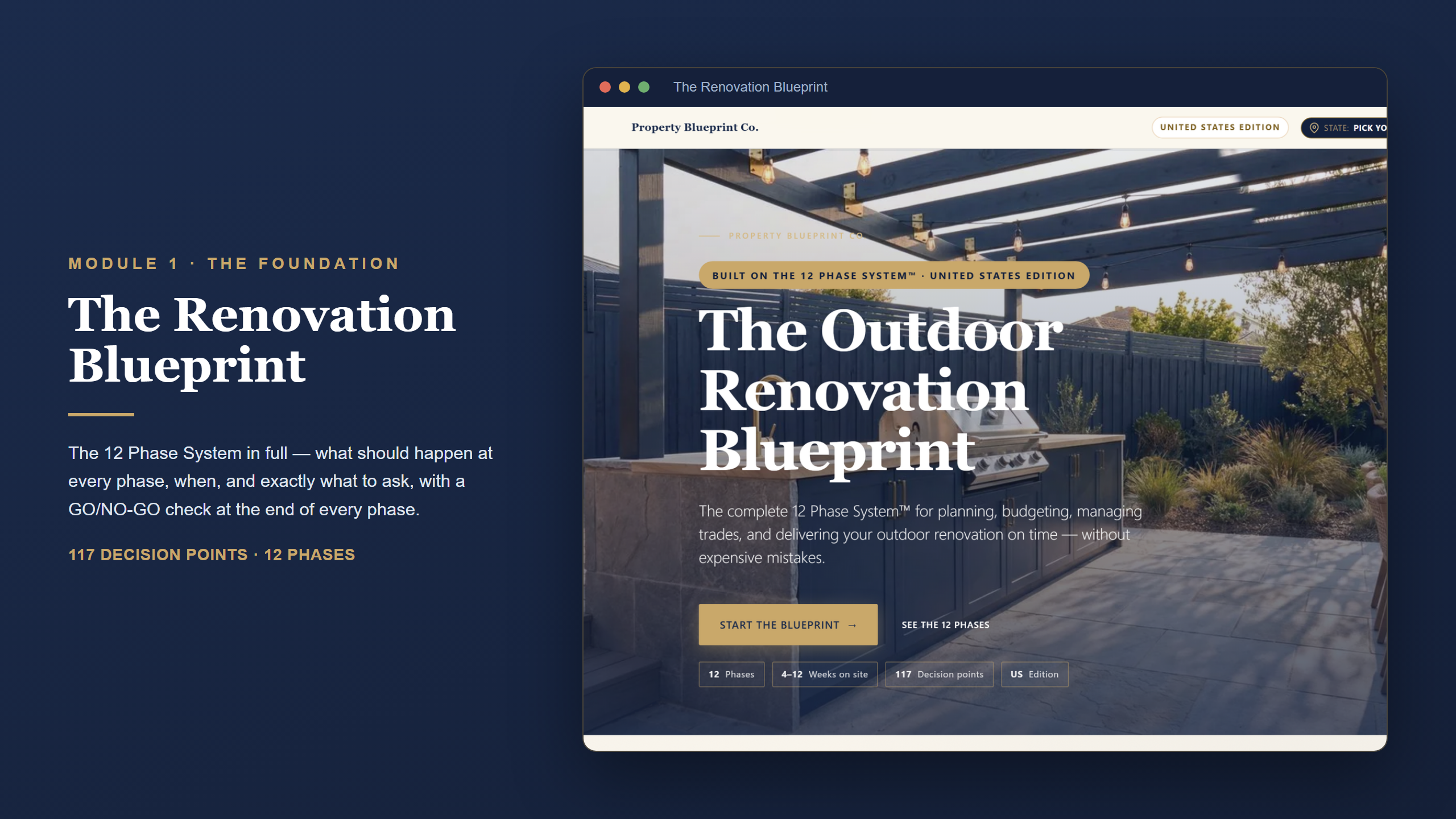 US outdoor renovation planning — The Renovation Blueprint (Module 1): the 12 Phase System with 117 decision points