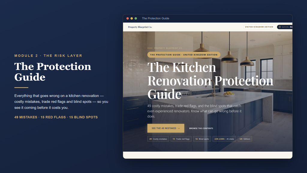 UK kitchen renovation planning — The Protection Guide (Module 2): 49 costly mistakes, 15 trade red flags and blind spots