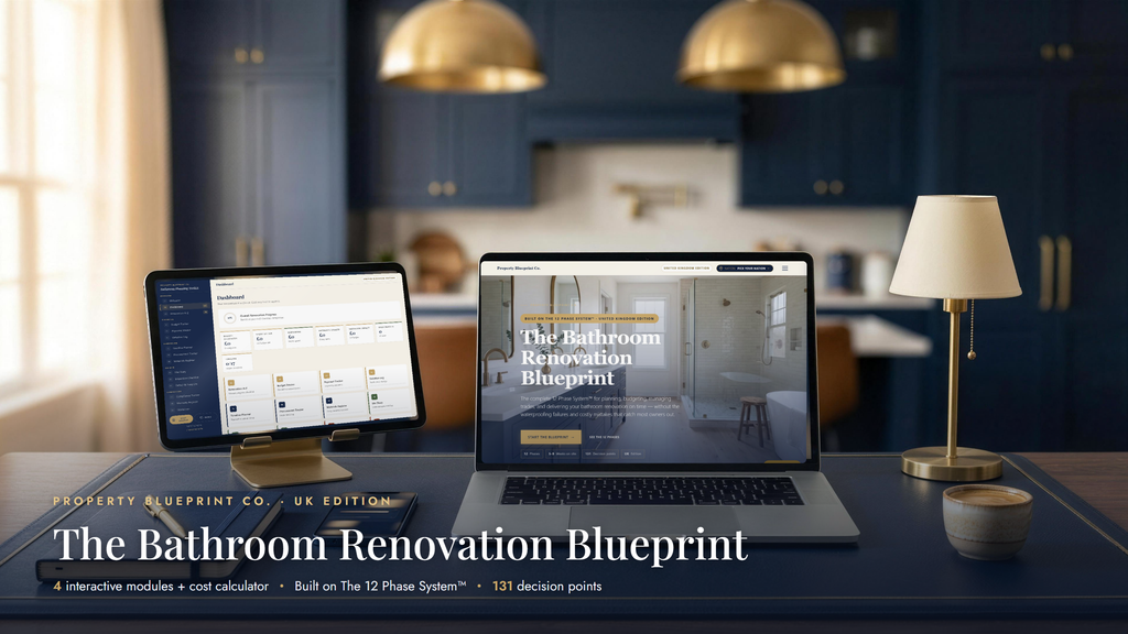 The Bathroom Renovation Blueprint — complete bathroom renovation planning system for UK homeowners, shown on laptop, tablet and phone