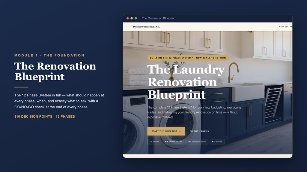 New Zealand laundry renovation planning — The Renovation Blueprint (Module 1): the 12 Phase System with 110 decision points