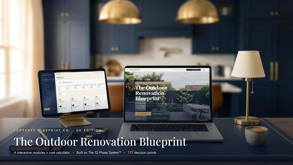 The Outdoor Renovation Blueprint — complete outdoor renovation planning system for UK homeowners, shown on laptop, tablet and phone
