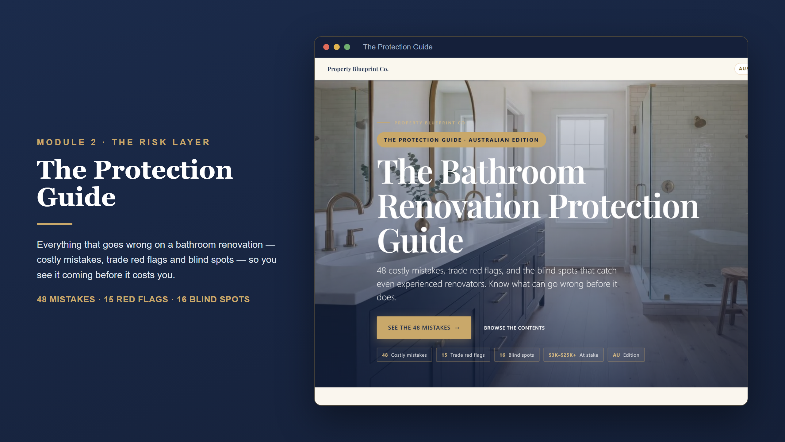 Australian bathroom renovation planning — The Protection Guide (Module 2): 48 costly mistakes, 15 trade red flags and blind spots