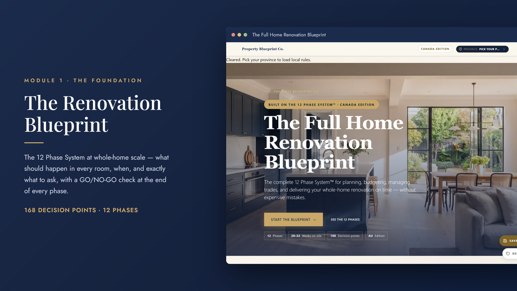 Whole-home renovation planning — The Renovation Blueprint (Module 1): 168 decision points across 12 phases, with Province Watch rules for every province and territory