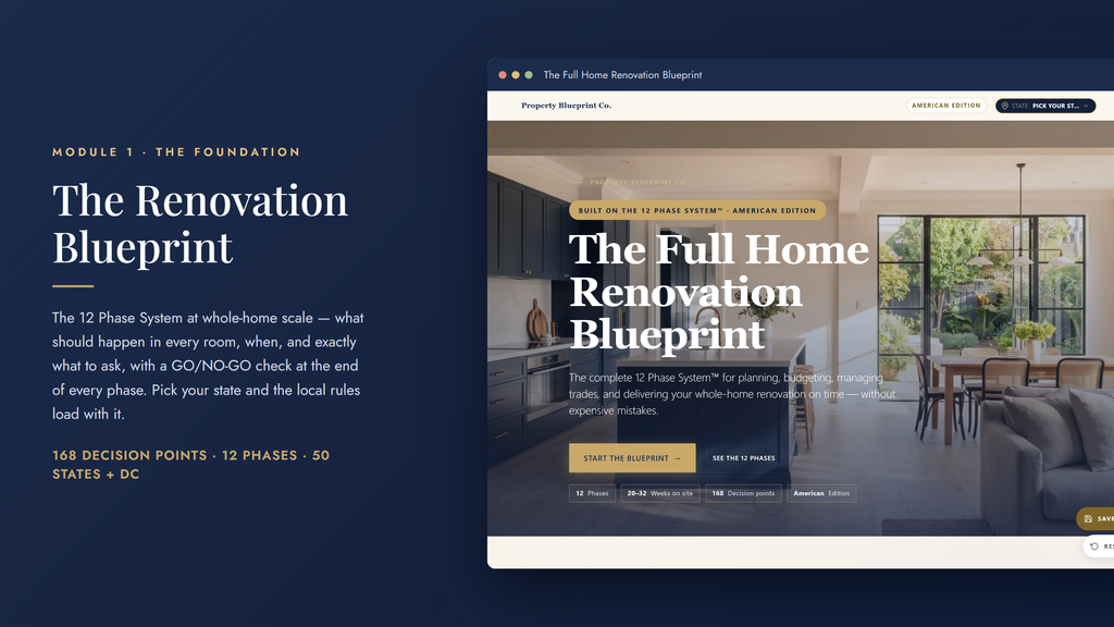 Whole-home renovation planning — The Renovation Blueprint (Module 1): 168 decision points across 12 phases, with state-specific rules for all 50 states and DC