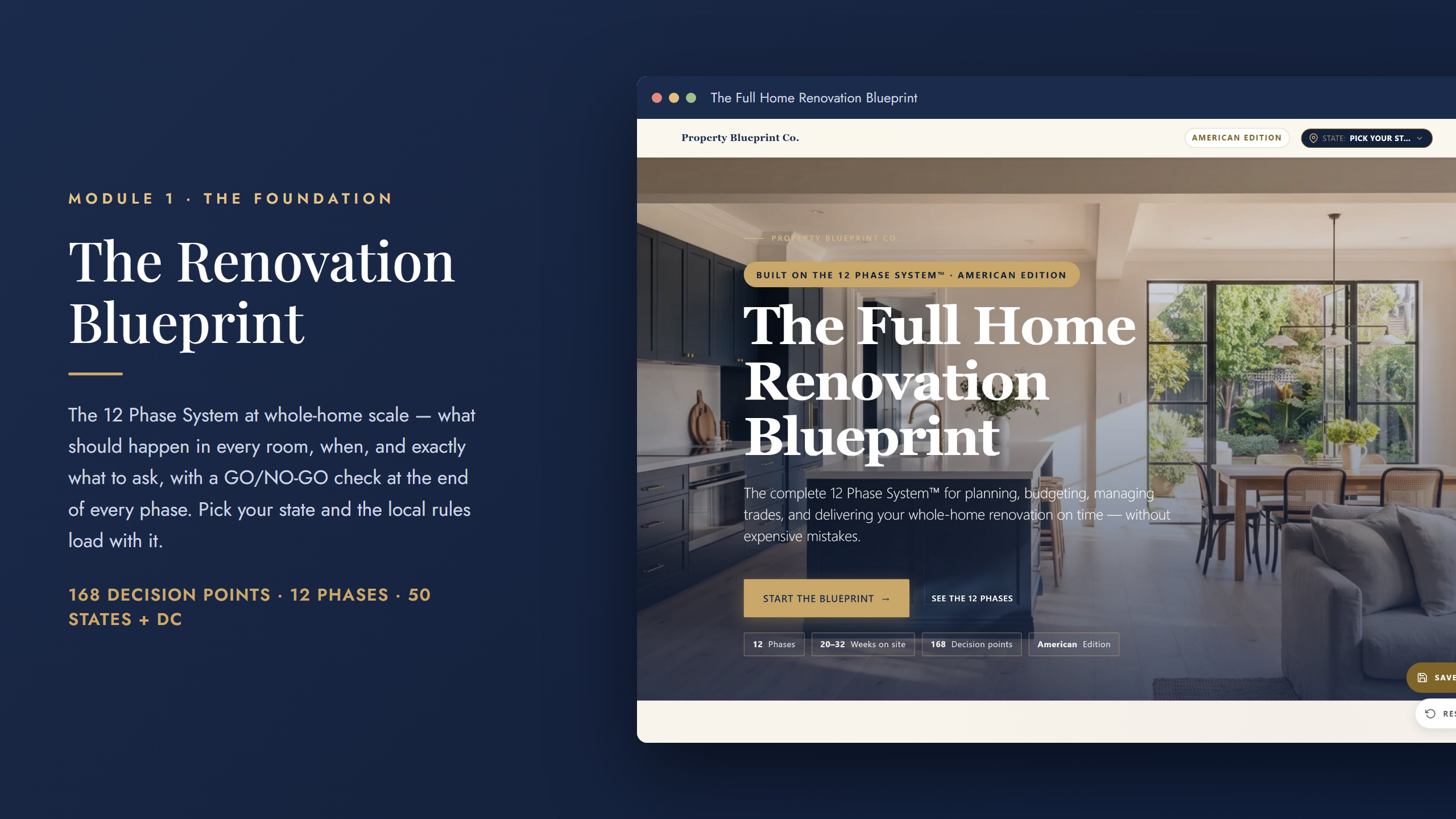Whole-home renovation planning — The Renovation Blueprint (Module 1): 168 decision points across 12 phases, with state-specific rules for all 50 states and DC