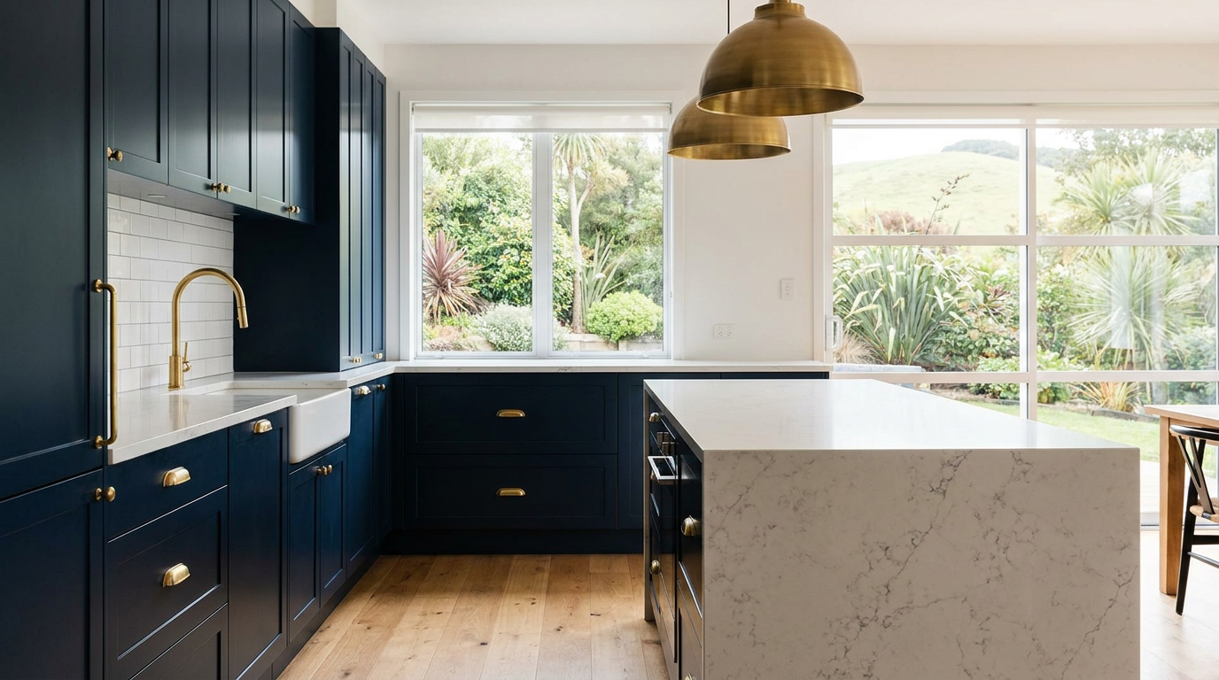 Beautifully renovated US kitchen with navy cabinetry and brass finishes — the result the Kitchen Renovation Blueprint helps you plan
