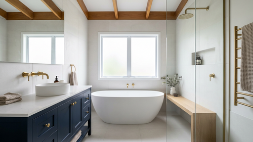 Beautifully renovated Australian bathroom with navy cabinetry and brass finishes — the result the Bathroom Renovation Blueprint helps you plan