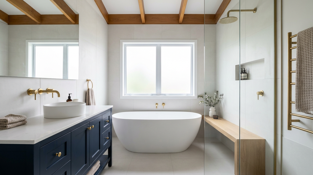 Beautifully renovated UK bathroom with navy cabinetry and brass finishes — the result the Bathroom Renovation Blueprint helps you plan