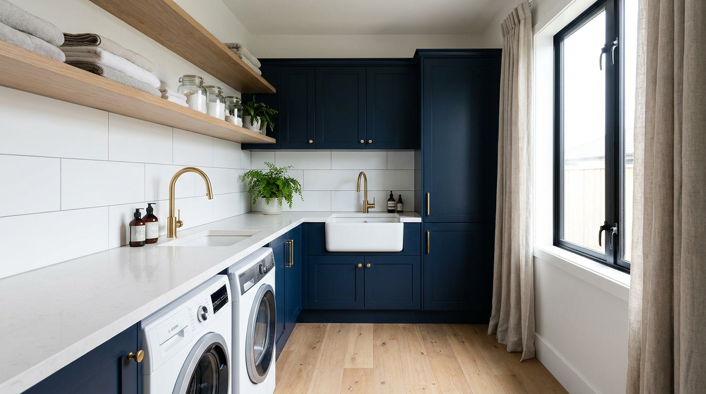 Beautifully renovated UK laundry with navy cabinetry and brass finishes — the result the Laundry Renovation Blueprint helps you plan