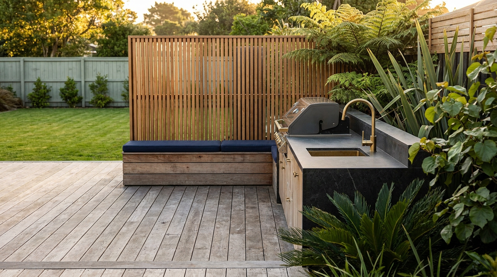 Beautifully renovated UK outdoor with navy cabinetry and brass finishes — the result the Outdoor Renovation Blueprint helps you plan