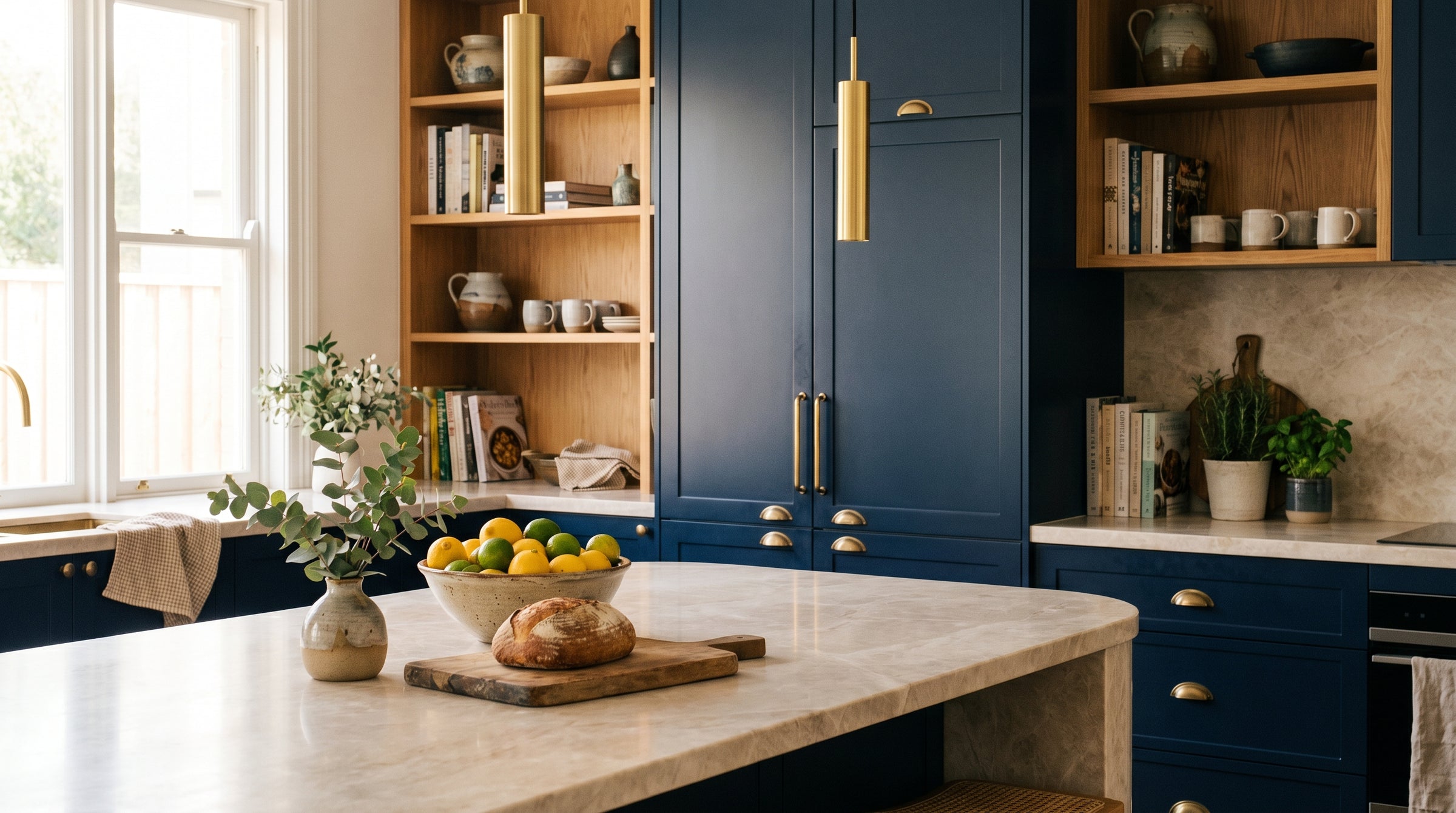 Beautifully renovated Australian kitchen with deep-navy cabinetry, marble island and brushed brass — Property Blueprint Co.