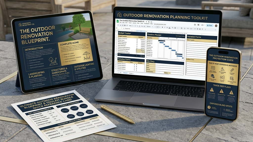 The Outdoor Renovation Blueprint — complete digital renovation planning system shown on tablet, laptop and phone